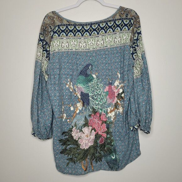 Boho peacock embroidered balloon sleeve blue mixed print art to wear top size L - Picture 1 of 5